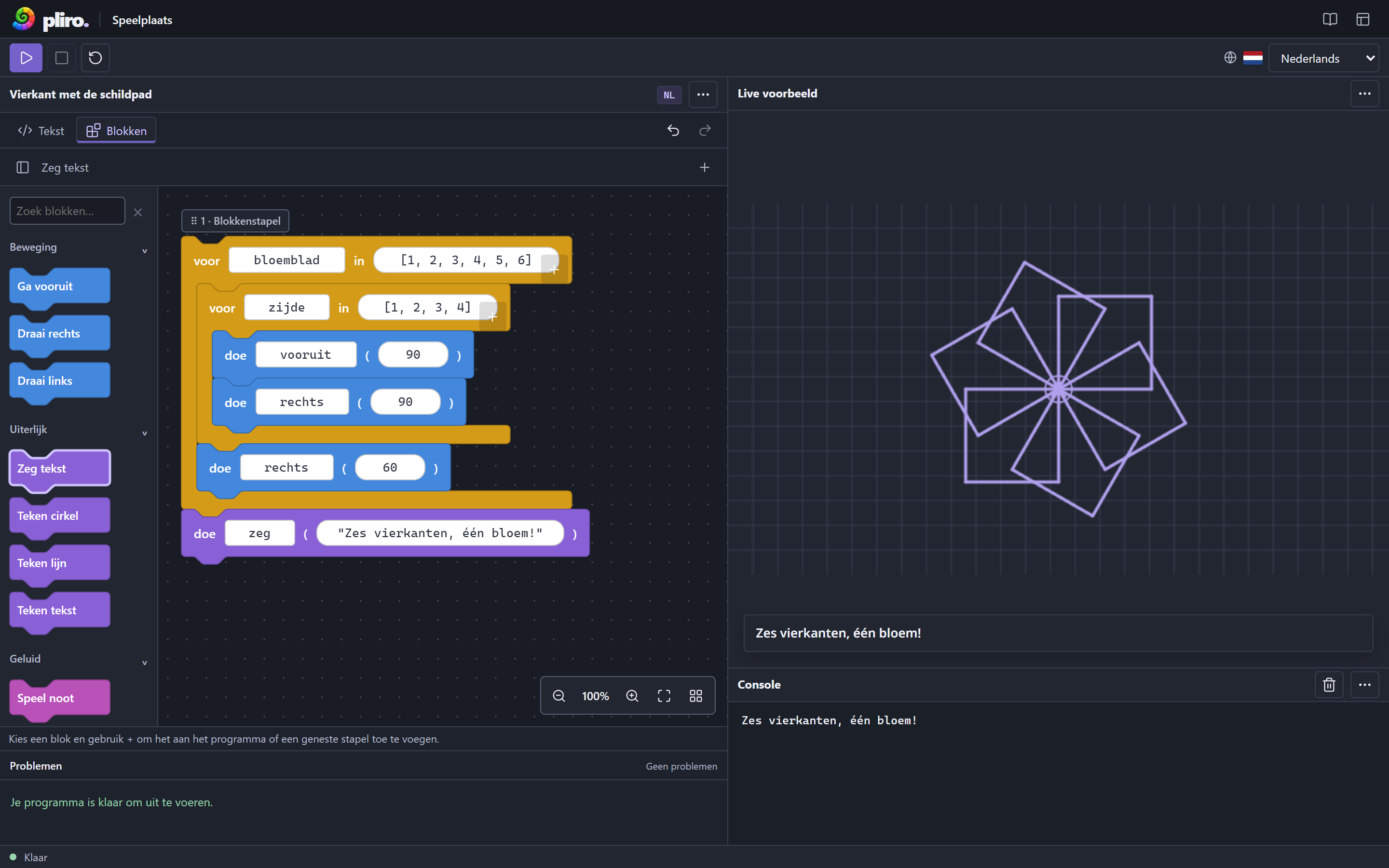De browserspeeltuin met blokkenpalet, geneste programmablokken, compacte werkbalk en liveweergave