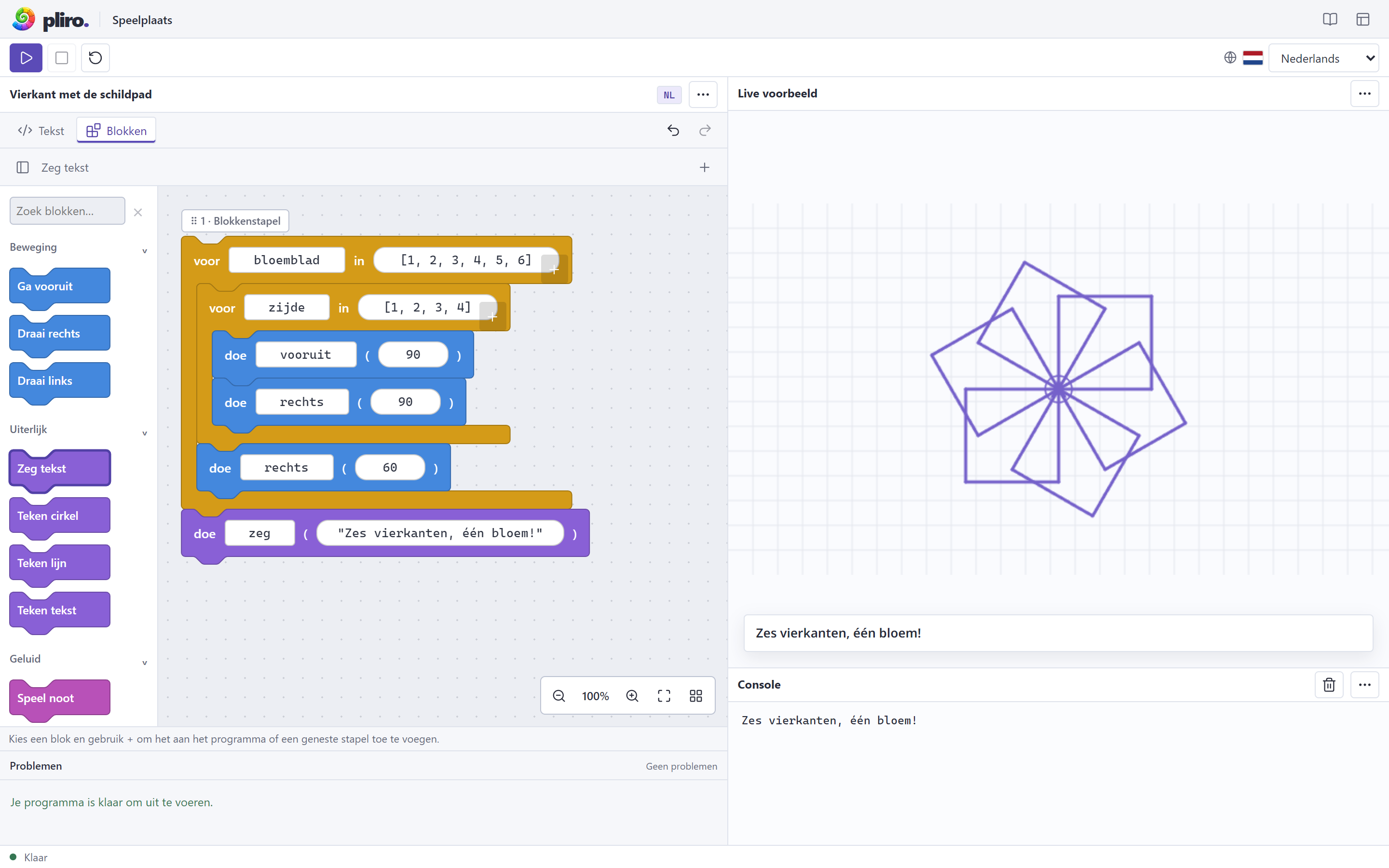 De browserspeeltuin met blokkenpalet, geneste programmablokken, compacte werkbalk en liveweergave